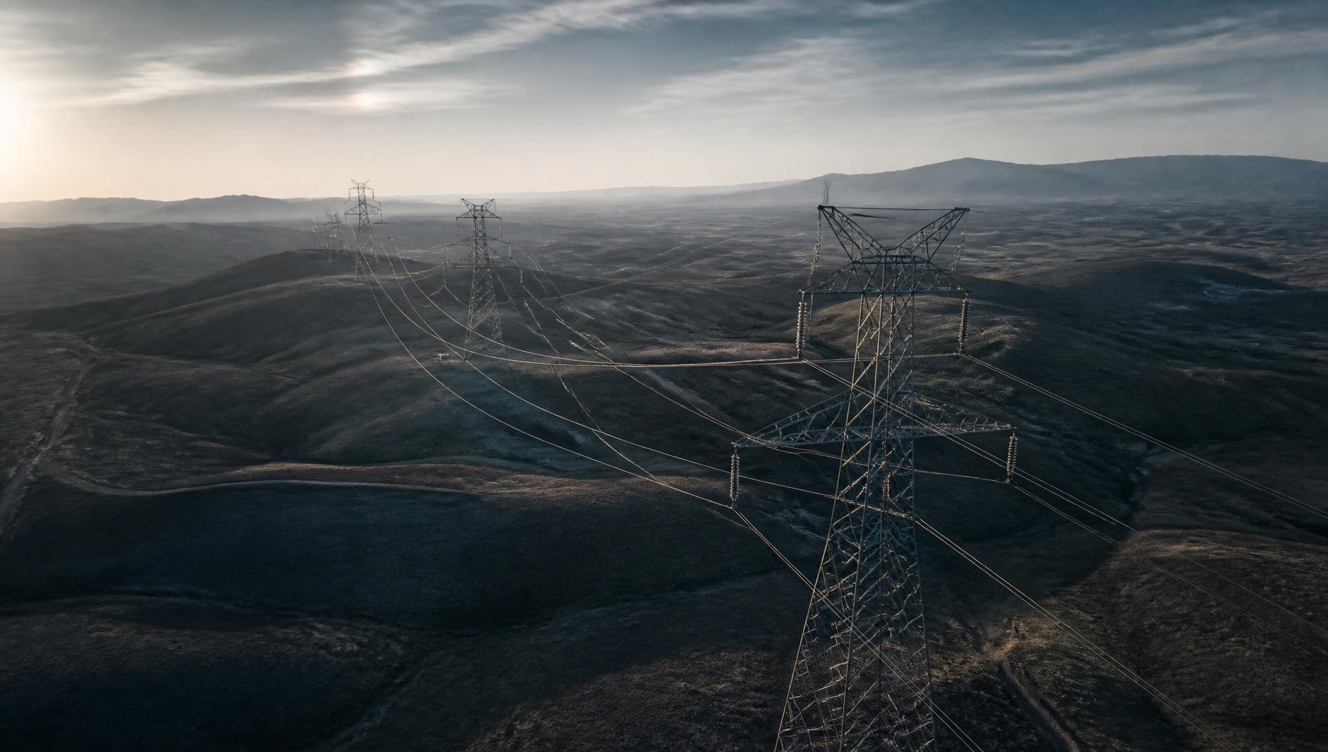 Aerial view of open land with high-voltage transmission infrastructure